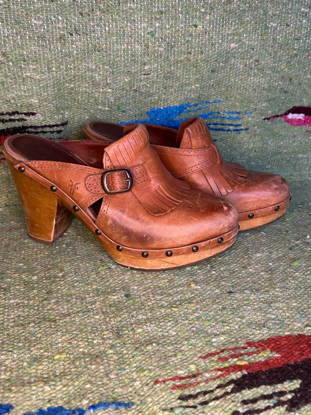Vintage Frye Leather Kiltie Buckle Wooden Clog Mules 8
